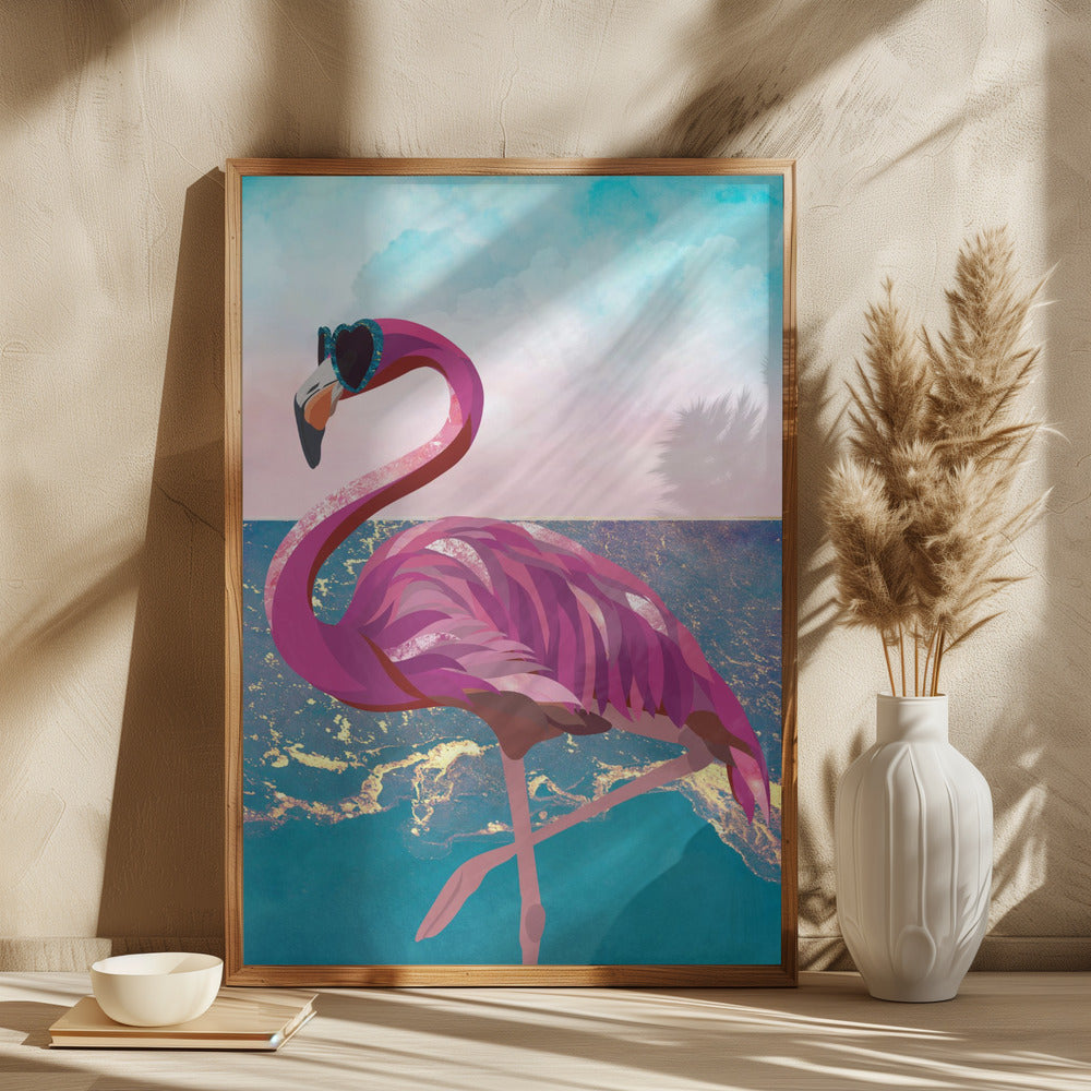 Flamingo goes to the beach