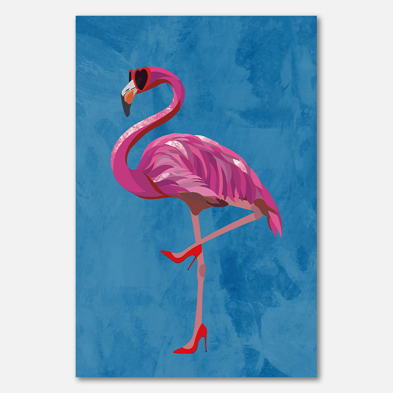 Flamingo in High Heels und Herzbrille blau