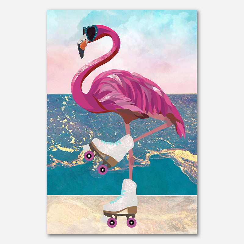 Flamingo rollerskating on the beach