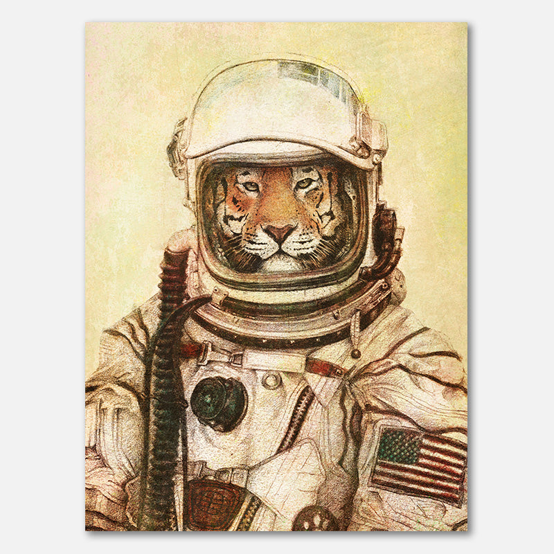 Tiger in einem Vintage-Astronautenanzug