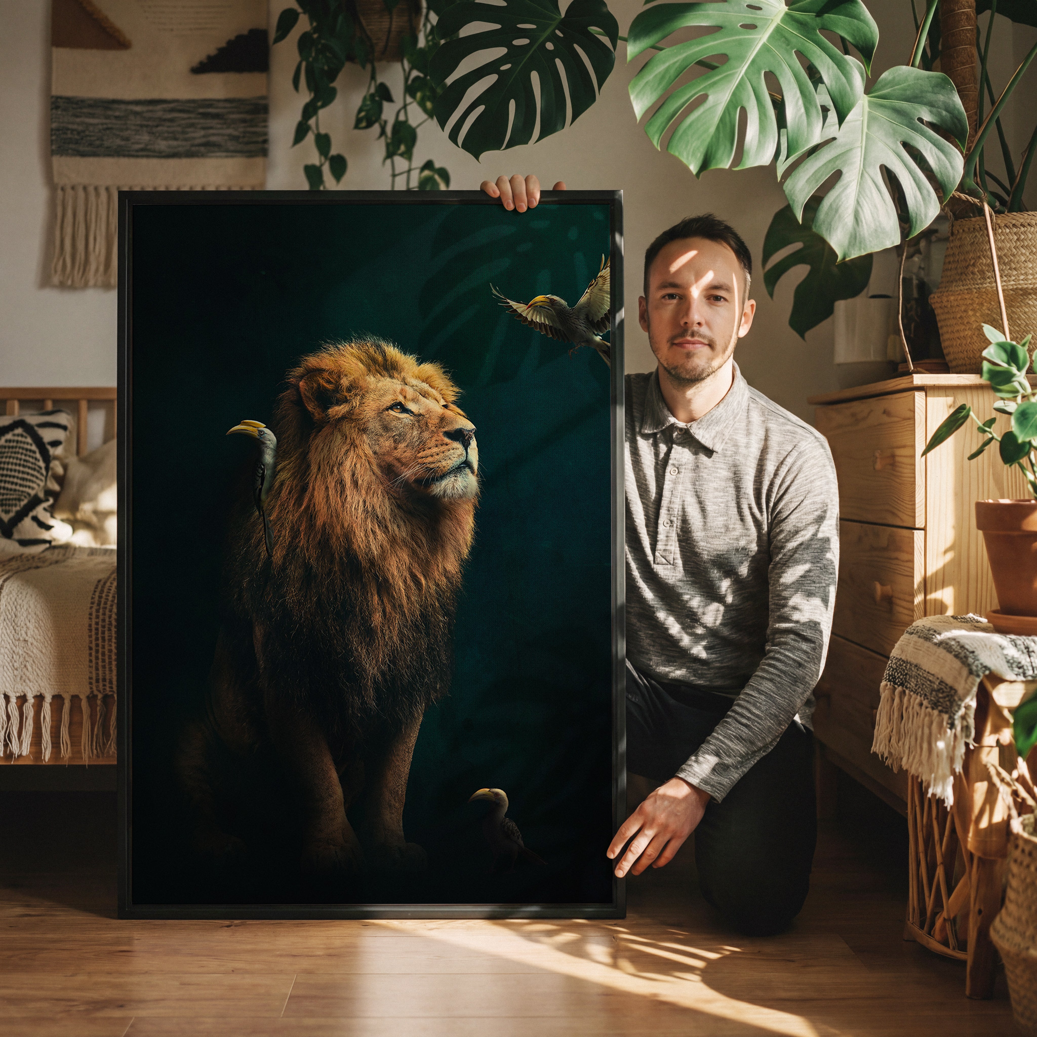 Lion with Hornbills EU