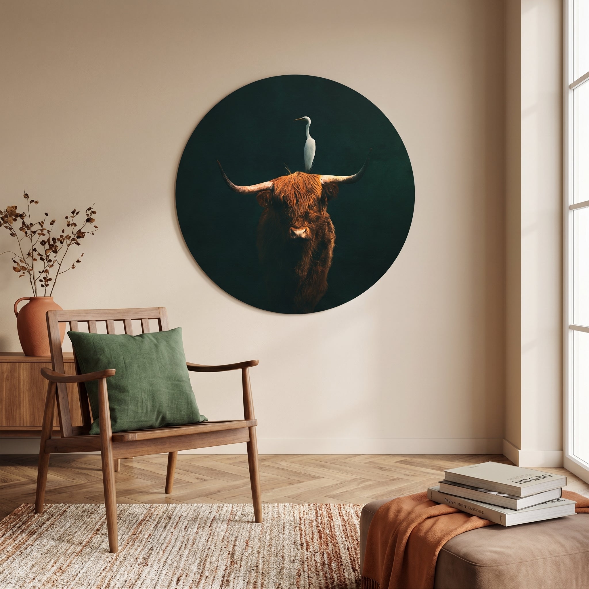 Highland Cow with Heron RND