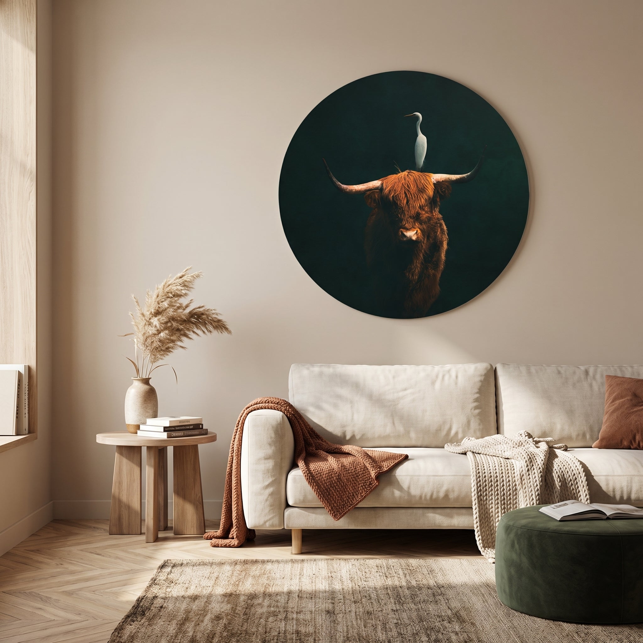 Highland Cow with Heron RND