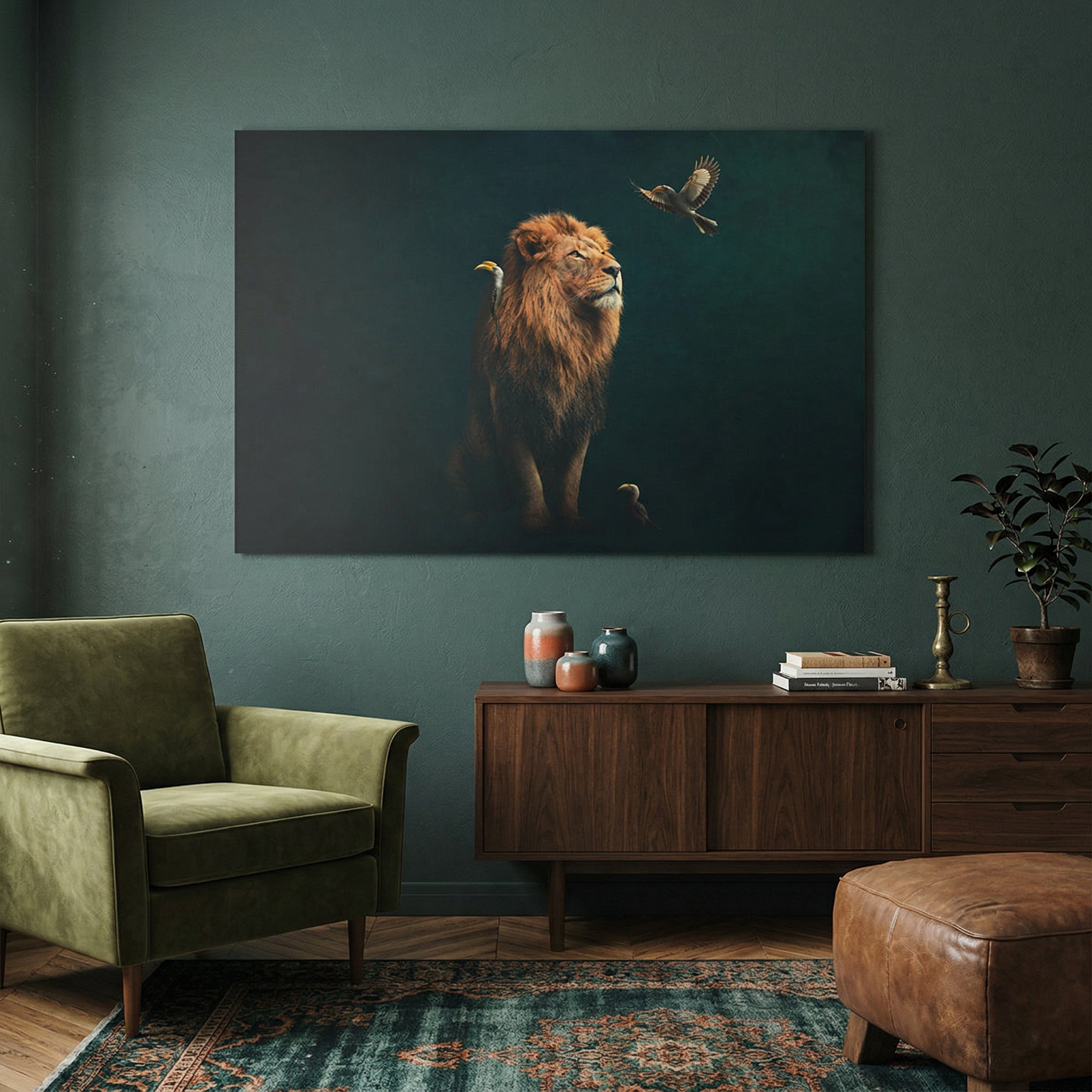 Lion with Hornbills LS