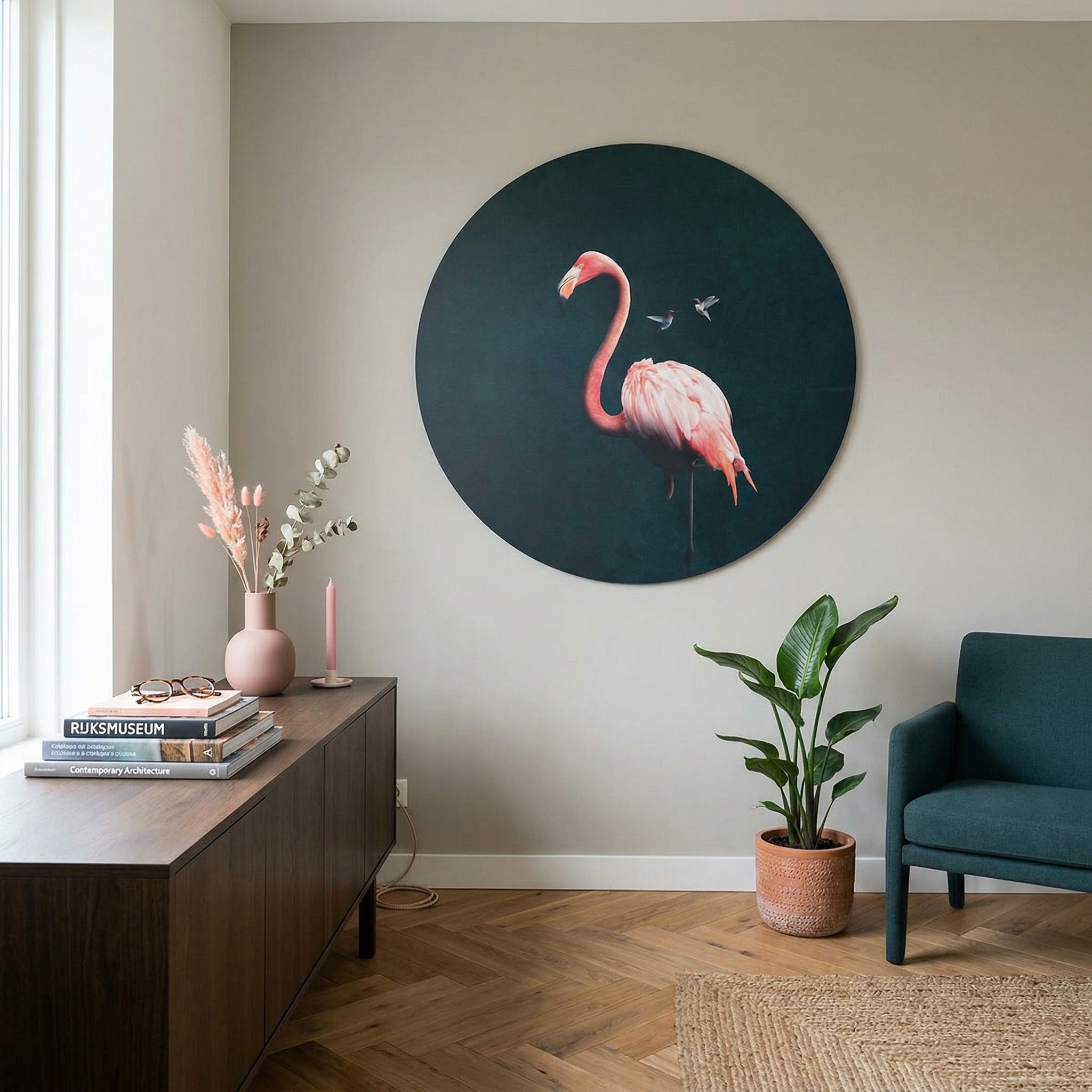 Flamingo with Hummingbirds RND