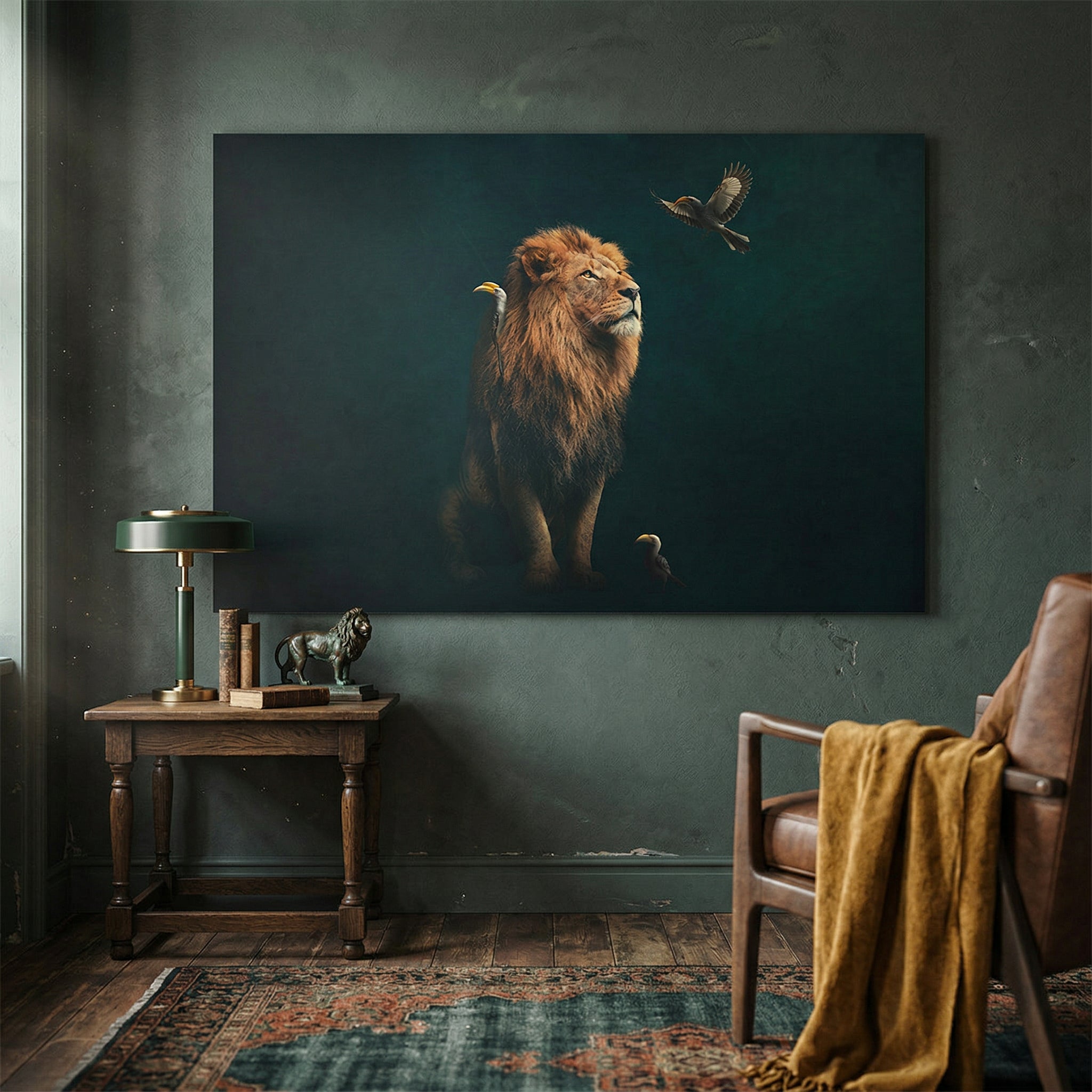 Lion with Hornbills LS