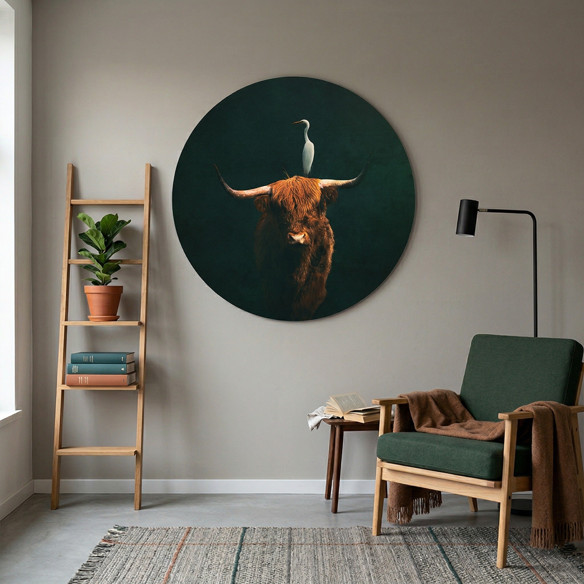 Highland Cow with Heron RND