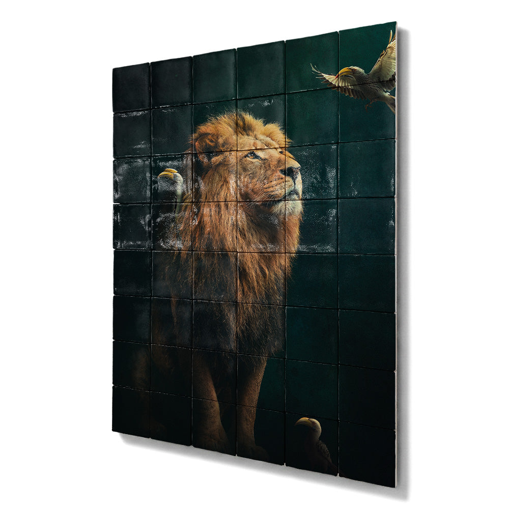 Tegel Tableau Lion with Hornbills