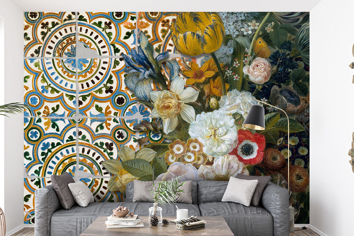 die Schönheit von Blumen auf Fliesen Tapete