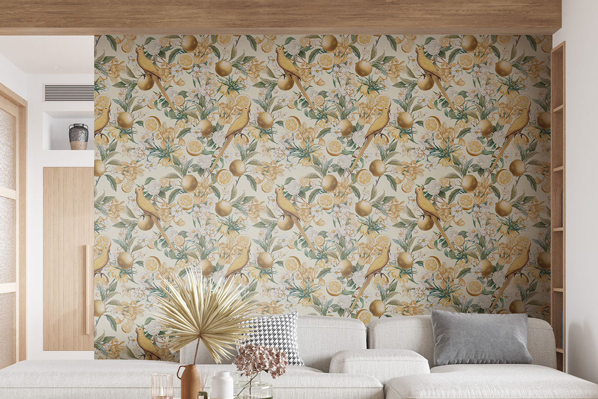 Gelbe Früchte & Vögel Tapete