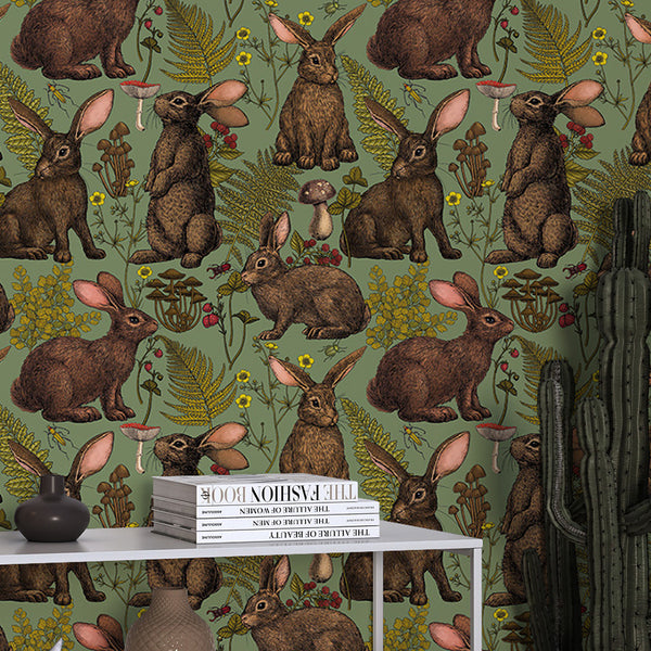 Rabbits and Woodland Flora Wallpaper