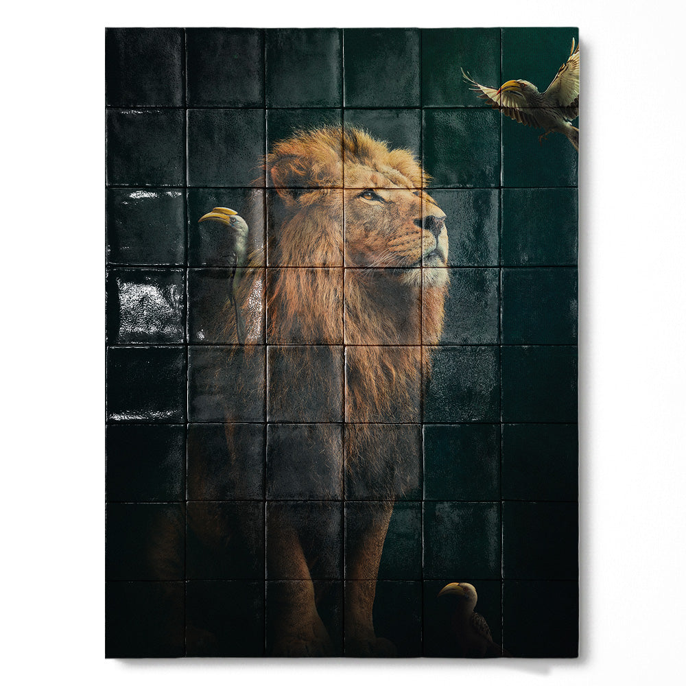 Tegel Tableau Lion with Hornbills